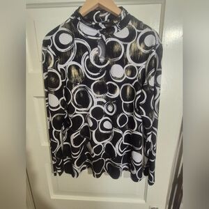 Chic Black and White Patterned Women's Blouse W Gold Accent And Peek A Boo Neck